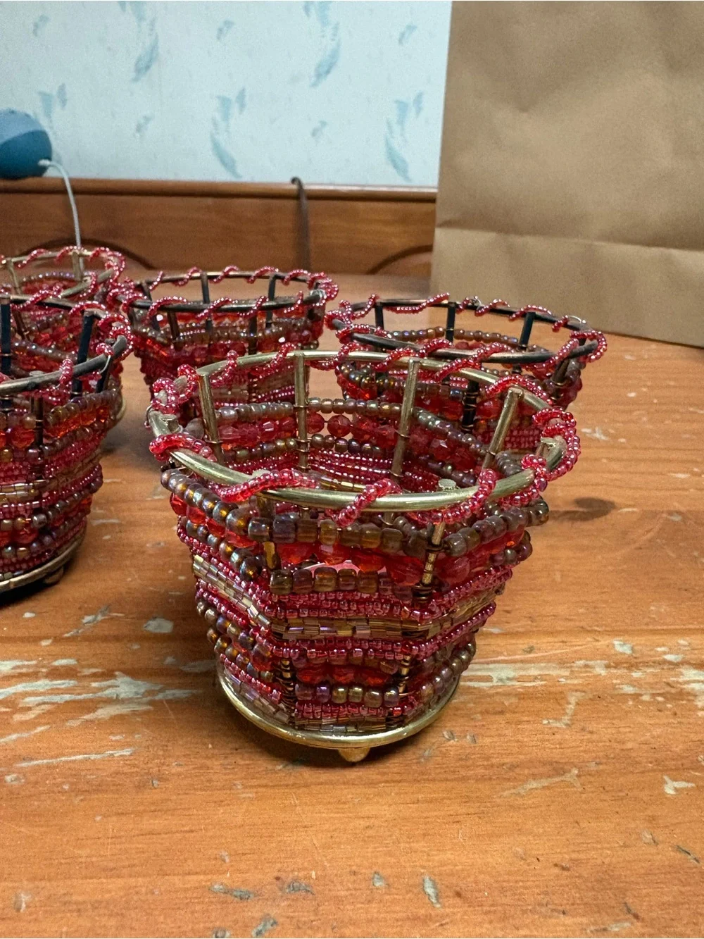 Handcrafted Red Beaded Tea Light Holders - Set of 6